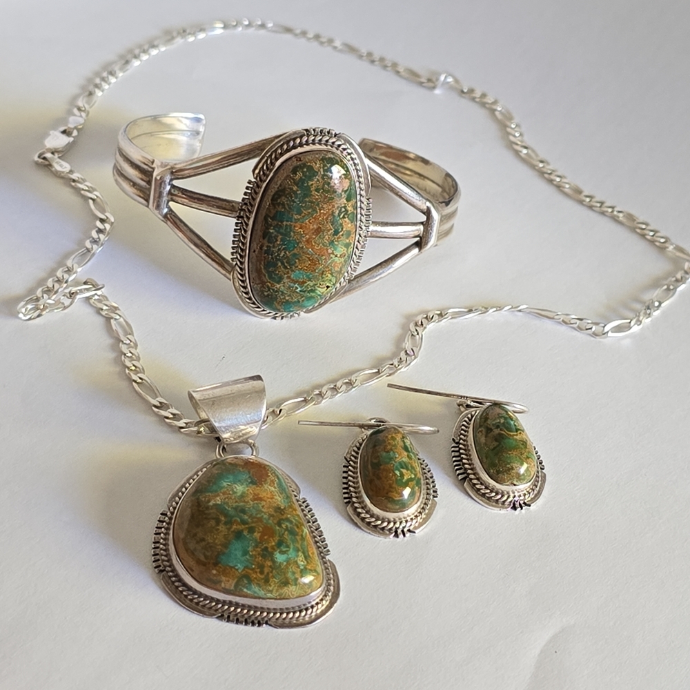 Set Of J. Nelson Navajo Sterling Earrings, Bracelet Turquoise & Pendant Necklace